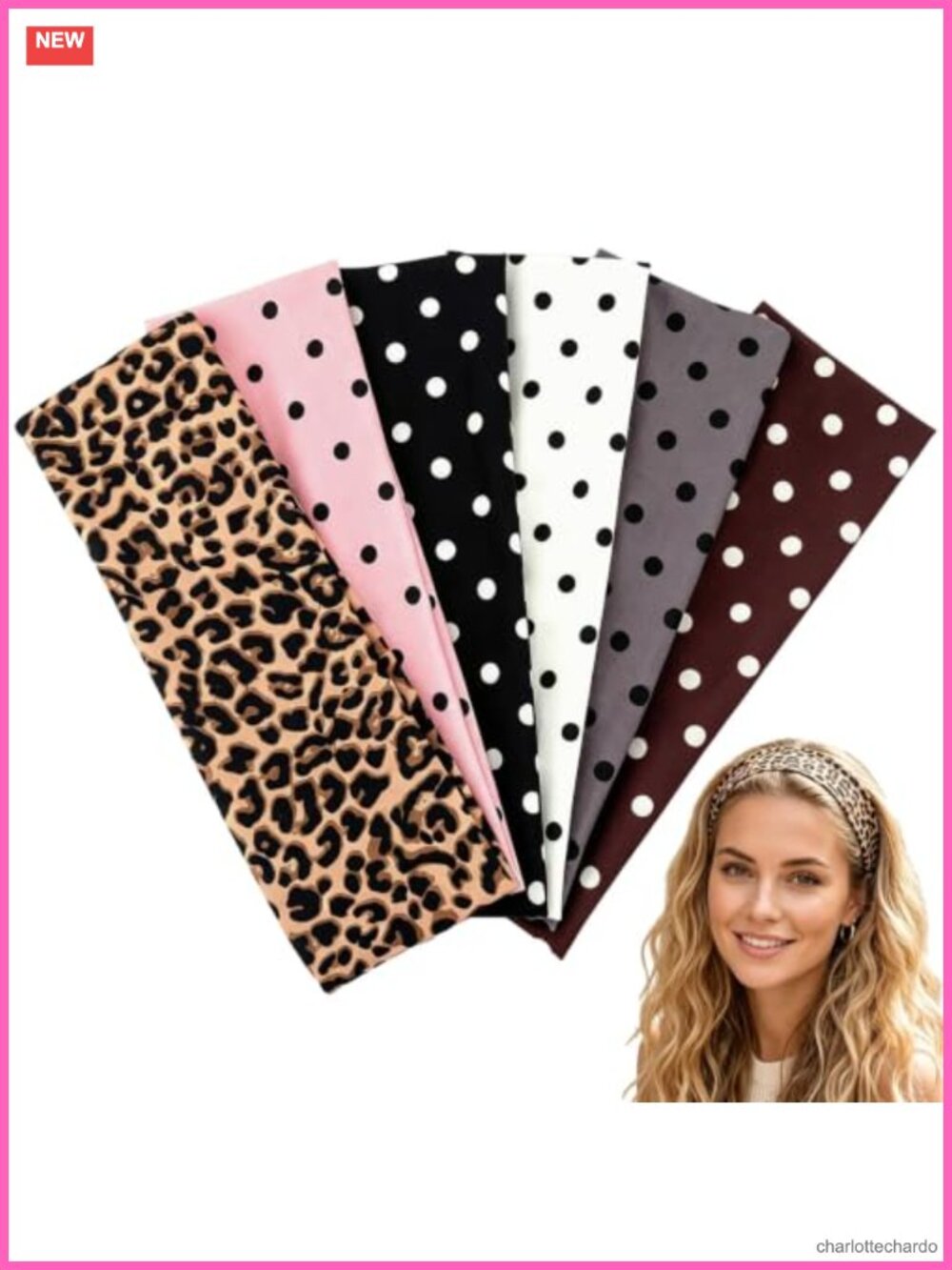 6 Pack Polka Dot Headbands Cotton Soft Stretchy 2 Inch Wide Non-Slip